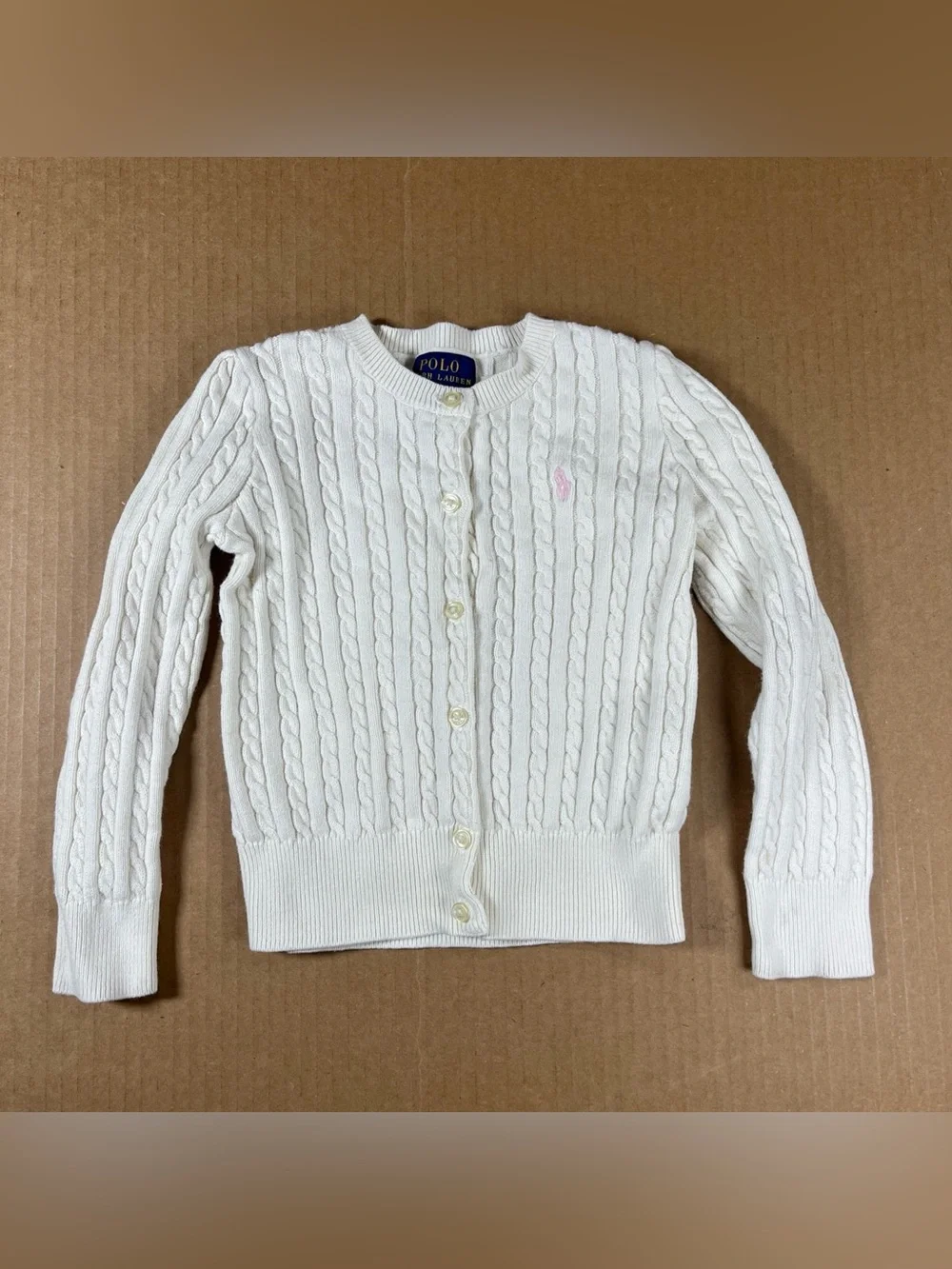 Polo Ralph Lauren Girls 4T White Cable Knit Cardigan Sweater Pink Pony Logo